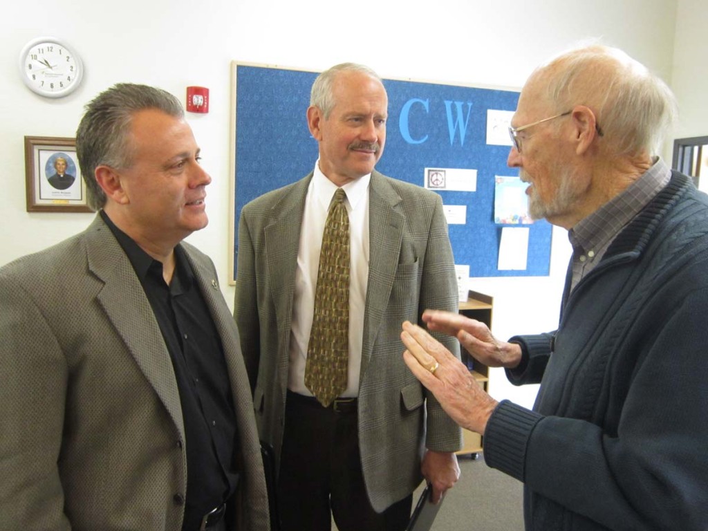 Nevada County Chief Probation Officer Michael Ertola and Sheriff Keith Royal chat with Peace Lutheran Church member Bob Lenhard after a session of the Contemporary Issues Study Group. The group is considering “Issues Facing Our Local Officials.”