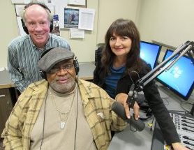 Tony Beverly, 60, center, is learning how to be a volunteer broadcaster at KVMR Community Radio in Nevada City, taught by veterans Greg Jewett and Elisa Parker. Beverly is thriving after getting a boost on the path to stability from Hospitality House -- supported by the "Leap of Faith" matching fund campaign.