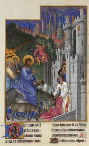 Followers festooned Jesus' path with palm branches and even their own cloaks This early 15th-century depiction of Jesus' triumphal entry into Jerusalem was painted by the Gerard Limbourg brothers. Courtesy Wikiart.