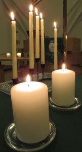 Candles and music evoke an atmosphere of tranquil mystery during the Taizé-style prayer service, at 6:30 p.m. on the third Wednesday each month at PEACE Lutheran Church.