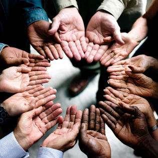 White, black and brown hands, palms up, close together in a circle.